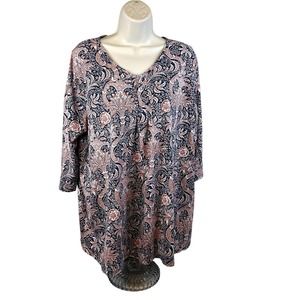 Ulla Popken 3/4 Sleeve V-neck Tunic Blue Peach Floral Pattern, Plus Size 16/18